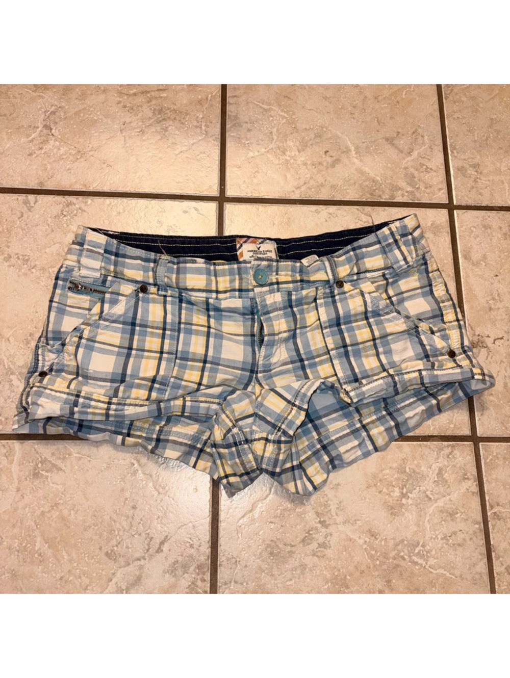 Y2K American Eagle White,Blue, and Yellow Plaid Low Rise Mini Shorts
